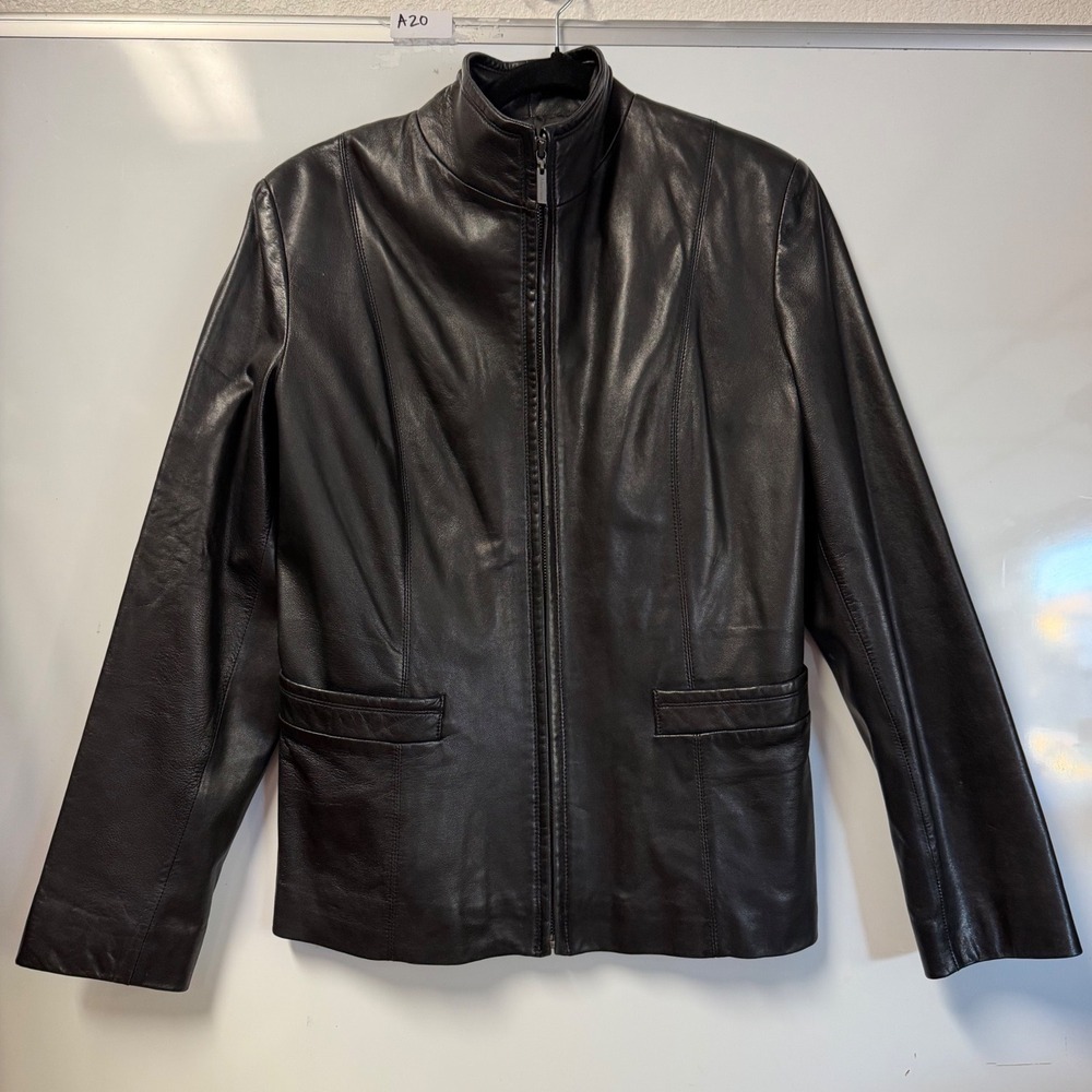 Cole Haan City Black Lambskin Leather Jacket Mock Neck Zip Front Womens 10